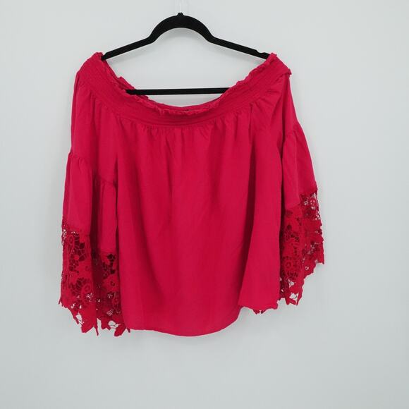 Lane Bryant Top Womens‎ 18/20 Red Off Shoulder Lace Bell Sleeve Smocked Stretch - Picture 1 of 13